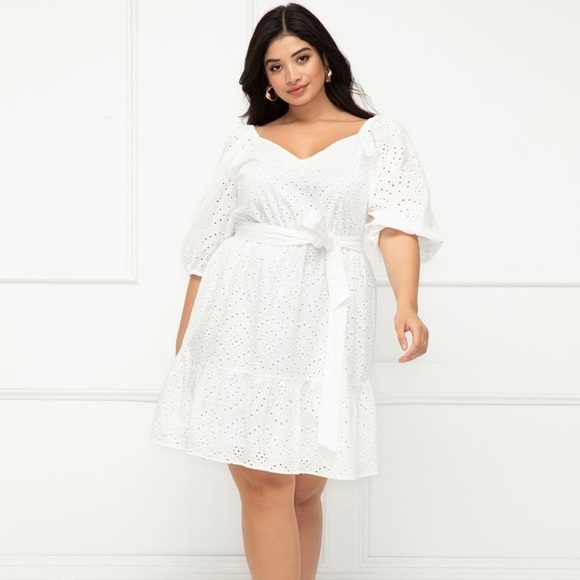 ELOQUII Elements Eyelet Dress With Belt in White Size 22‎ - Picture 7 of 7